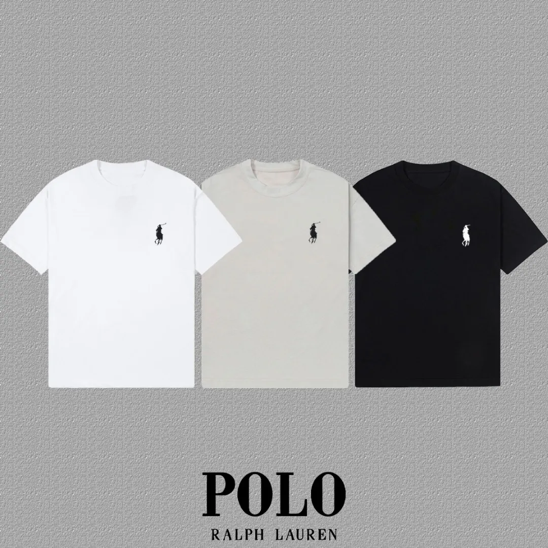 [POLO Ralph Lauren] 2026FW short-sleeved T-shirt, embroidered LOGO Premium 26s double yarn, gram fabric, heavy fabric, custom stretch rib, same vat and same dye, complete three labels, same style for men and women, Color: Black White Khaki Color Size: S M L XL 2XL
